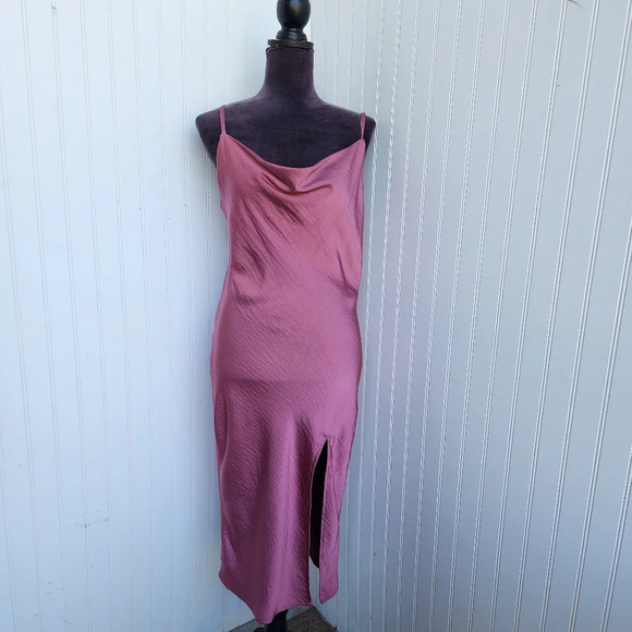 J For Justify Satin Slip Cowl Neck Pink Midi Dress  Split Leg Tank Stretch Sz S - Picture 1 of 14